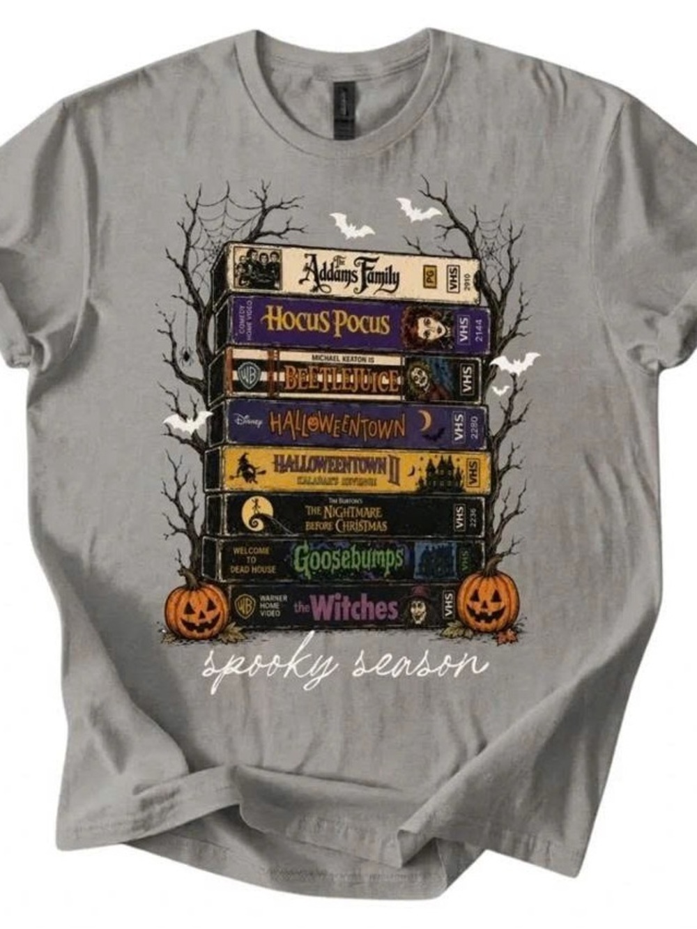Charcoal Short-Sleeve Tee with Stacked Halloween Movie VHS Graphic